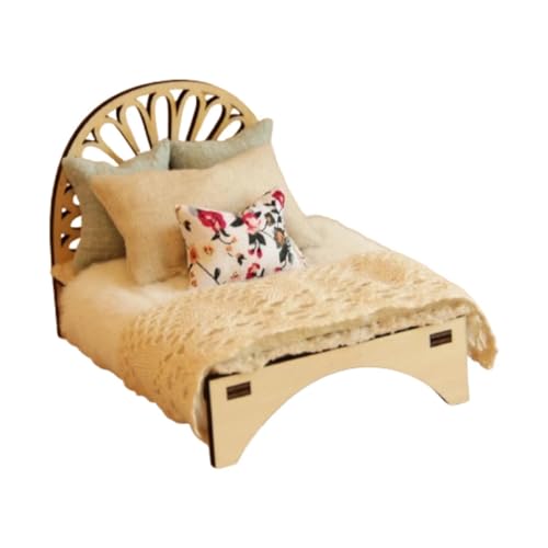 Fenteer 1/12 Puppenhaus Bett Einzelbett Elegantes Rollenspiel Dekorationszubehör Miniaturmöbel für Schlafzimmer Ornamente Dekoration, Holz von Fenteer