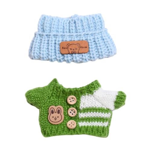 Fenteer 2 Stück Puppenpullover und Mütze, Puppenkleidung, niedliches Kostüm, handgefertigte Kleidung für 15–17 cm große Puppen, Kindergeschenke, Grüner, Blauer Hut von Fenteer