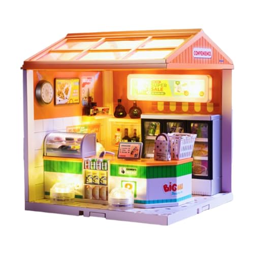 Fenteer DIY Miniature Dollhouse Kit handgefertigt winzige Hausspielzeug Ornamente Zeigen Dekorationspädagogik mit LED für Familien Erwachsene Familien, Convenience Store von Fenteer