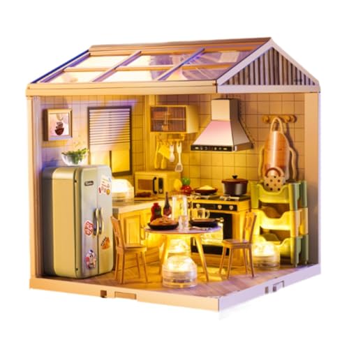 Fenteer DIY Miniature Dollhouse Kit handgefertigt winzige Hausspielzeug Ornamente Zeigen Dekorationspädagogik mit LED für Familien Erwachsene Familien, Mini -küche von Fenteer