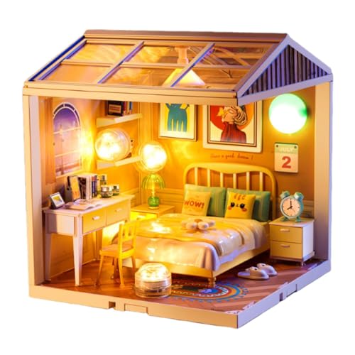 Fenteer DIY Miniature Dollhouse Kit handgefertigt winzige Hausspielzeug Ornamente Zeigen Dekorationspädagogik mit LED für Familien Erwachsene Familien, Schlafzimmer von Fenteer