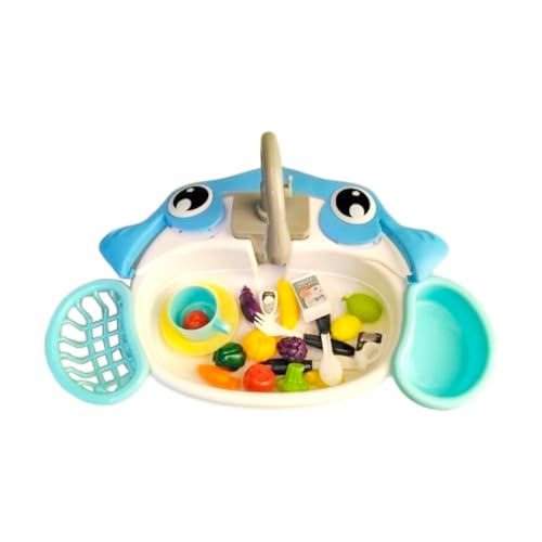 Fenteer Küchenspüle Spielzeug Rollenspiel mit fließendem Wasser Geschenke 20-teiliges Küchenzubehör-Set Spüle Geschirrspülset für Kinder, Blau von Fenteer