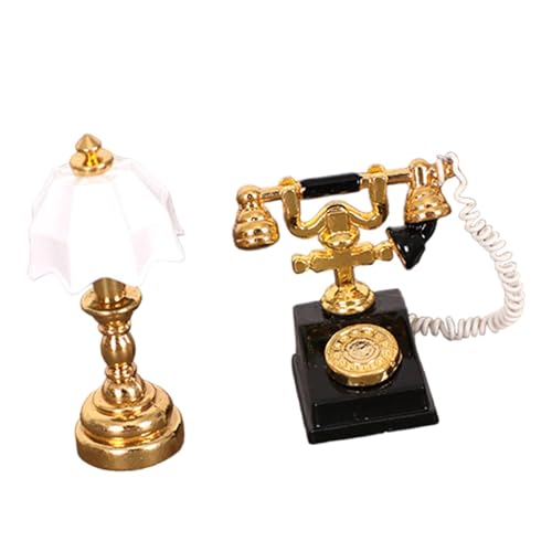 Fenteer Puppenhaus Miniatur Lampe und Wählscheiben Telefon Set,Schreibtisch Telefon Spielzeug,1:12 Puppenhaus Dekoration,Mini Schreibtisch Lampe für, Schwarz-Weiss von Fenteer