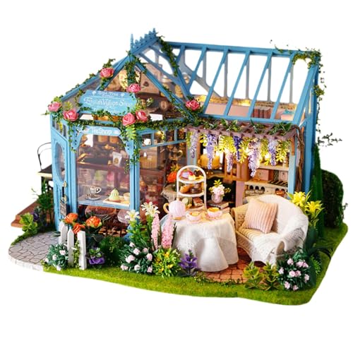 Fenteer Puppenhaus-Miniatur mit Möbeln, Gartenhaus, dekoratives Handwerk, staubdichte Abdeckung, Hausbausätze für kreatives Geschenk für Freunde von Fenteer