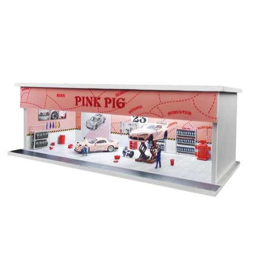 Fenteer Vitrine für Modellautos aus Druckguss, Simulation eines Parkplatz-Vitrine im Maßstab 1:64 mit Lichtern für Sammlergeschenke, Rosa Schwein von Fenteer