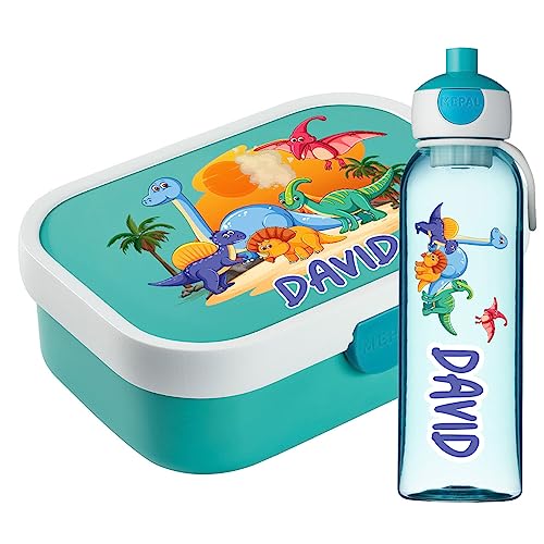 Ferocity Lunchbox Set für Kinder Mädchen zur Schule Personalisiert mit Namen Brotdose Wasserflasche Trinkflasche BPA frei Essen für Unterwegs mit Gabel und Bento Fach to Go Dinosaurs [153] von Ferocity