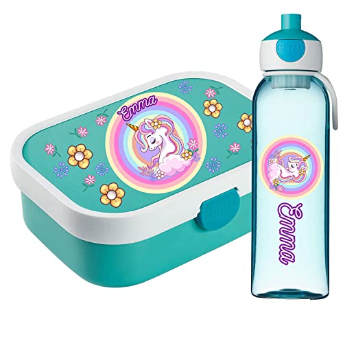 Ferocity Lunchbox Set für Kinder Mädchen zur Schule Personalisiert mit Namen Brotdose Wasserflasche Trinkflasche BPA frei Essen für Unterwegs mit Gabel und Bento Fach to Go Unicorn [153] von Ferocity