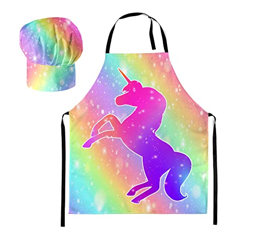 Kochmütze + Kochschürze Koch Set 2tlg. Für Kinder Jungen und Mädchen Kochhaube Schürze mit Klettverschluss Regenbogen Full Unicorn [099] von Ferocity