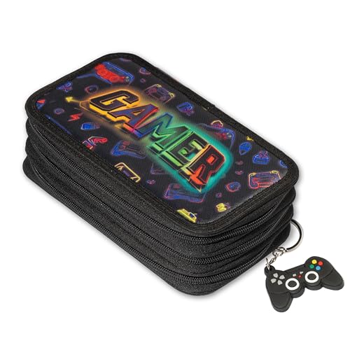 Mäppchen Federtasche 3 Fach Federmäppchen Schüleretui Schlamperbox Stiftemappe mit 3 Reißverschluss-Fächern Spieler Gamer [150] von Ferocity