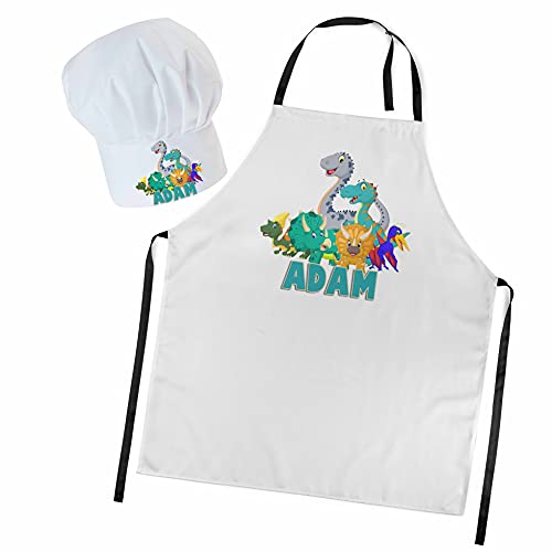 Personalisierte Kochmütze + Kochschürze Set 2tlg. Für Kinder Jungen und Mädchen Weiß Kochhaube Schürze mit Ihrem Namen Klettverschluss Dinosaurier Team [099] von Ferocity