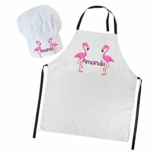 Personalisierte Kochmütze + Kochschürze Set 2tlg. Für Kinder Jungen und Mädchen Weiß Kochhaube Schürze mit Ihrem Namen Klettverschluss Flamingos [099] von Ferocity