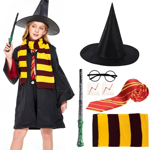 Fesexoul Magier Robe, Harry Kostüm für Kinder, Zauberer Robe mit Umhang Zauberstab Brille Zauberhut Schal Krawatte, Unisex Uniform für Halloween Karneval Cosplay Kostüme (135) von Fesexoul