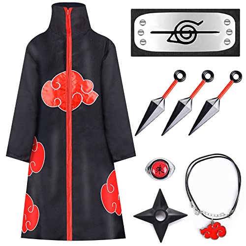 Fesexoul Mantel für Kinder Erwachsener Unisex Cosplay Kostüm, Kinder Kostüm, Kostüm Itachi mit Ringe Halskette Stirnband für Halloween Karneval Party Cosplay (L) von Fesexoul