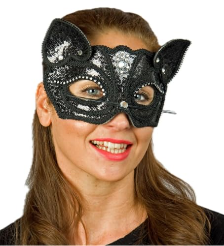 Festartikel-Müller Elegante Schwarze Spitzen-Katzenmaske mit Pailletten und Kristallen, Venezianischer Maskenball-Stil, Kostüm-Accessoire Festartikel-Müller Elegante Schwarze Spitzen-Katzenmaske mit Pailletten und Kristallen, Venezianischer Maskenball-Stil, Kostüm-Accessoire von Festartikel-Müller