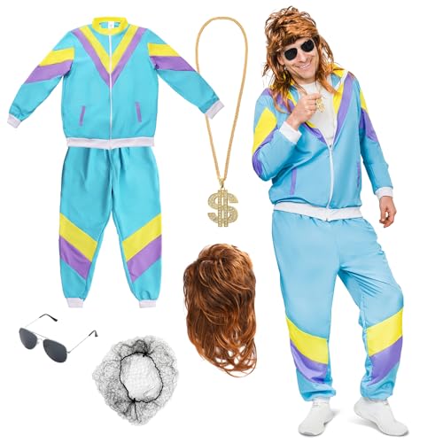 Festicy 80er Jahre Kostüm Herren und Damen I Größe XL mit 80er Jahre Accessoires I Retro Trainingsjacke, Hose, Vokuhila Perücke, Goldkette und Sonnenbrille I 80er Jahre Outfit Herren 2024 von Festicy