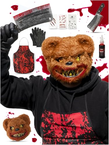 Festicy Bärenkostüm für Herren und Damen I One Size Halloween Maske, Kunstblut Halloween Beil, Schürze & Tattoos I Horror Kostüm Herren für Halloween 2024 Party I Halloween Kostüm Damen von Festicy