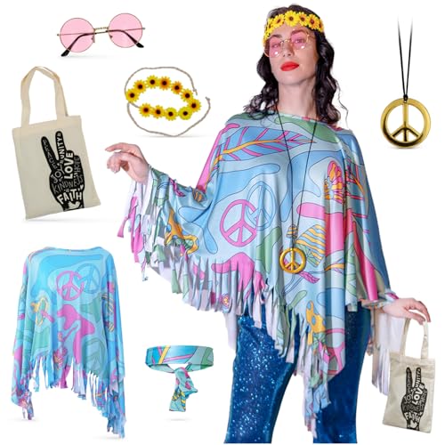 Festicy Hippie Kostüm Damen Edition 2025 mit Poncho Karneval One Size Set I Hippie Accessoires Stirnband mit Sonnenblumen, Hippie Kleidung Damen, Hippie Tasche und mehr, Faschingskostüm Hippie Damen von Festicy