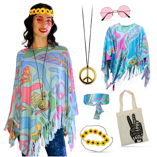 Festicy Hippie Kostüm Damen Edition 2025 mit Poncho Karneval One Size Set I Hippie Accessoires Stirnband mit Sonnenblumen, Hippie Kleidung Damen, Hippie Tasche und mehr, Faschingskostüm Hippie Damen von Festicy