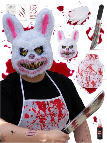 Festicy Horror Hase Kostüm für Herren, Damen und Teenager I Einheitsgröße I inkl. Halloween Maske, Kunstblut Halloween, Machete u.v.m. I Halloween Kostüm Herren 2024 I Halloween Kostüm Damen von Festicy