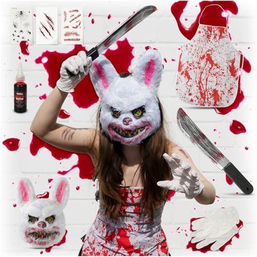 Festicy Horror Hase Kostüm für Herren, Damen und Teenager I Einheitsgröße I inkl. Halloween Maske, Kunstblut Halloween, Machete u.v.m. I Halloween Kostüm Herren 2024 I Halloween Kostüm Damen von Festicy