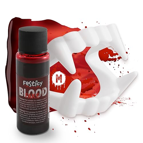 Festicy Kunstblut 25ml Filmblut inkl. Vampirzähne Set I Halloween Blut I Kunst Blut und Vampir Zähne für 10-16 Jährige I Auswaschbares Fake Blut für Halloween I Fasching I Fake Blood I Real Look… von Festicy