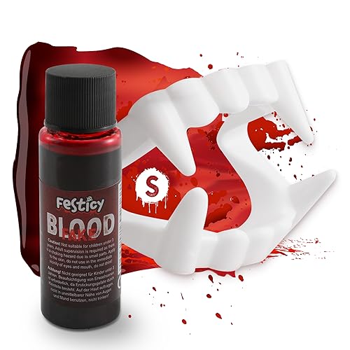 Festicy Kunstblut 25ml Filmblut und Vampirzähne Set I Halloween Blut I Kunst Blut und Vampir Zähne für 6-12 Jährige I Auswaschbares Fake Blut für Halloween und Fasching I Fake Blood I Real Look… von Festicy