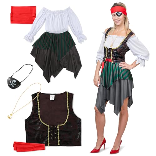 Festicy Piratenkostüm Damen Komplettes Set I Größe L I Outfit mit Kleid, Weste, Augenklappe, Gürtel & Mehr I Ideales Faschings- & Karnevalskostüm 2025 I Verwandle Dich in eine Piratin! von Festicy