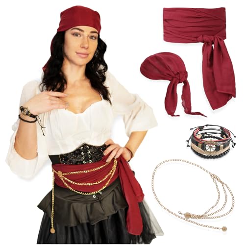 Festicy Piratenkostüm Damen Zubehör 2025 Bordeauxrotes Piraten Kopftuch Damen I passender Taillengürtel Taillenkette, Lederarmband I Piraten Accessoires Damen für Dein Piraten Kostüm Frauen von Festicy