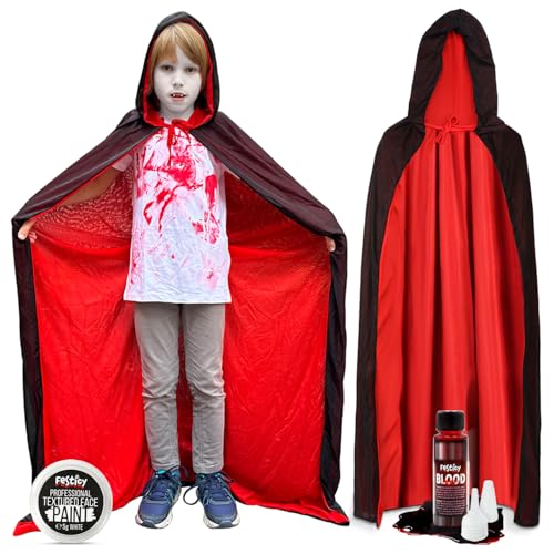 Festicy Vampir Umhang & Schminke Set I Halloween Kostüm Damen sowie Halloween Kostüm Kinder mit Vampirzähnen, Weißer Theaterschminke & 25ml Fake Blut I Ideal für Vampir Kostüm Halloween von Festicy