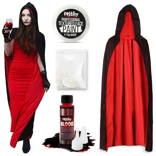 Festicy Vampir Umhang & Schminke Set I Halloween Kostüm Damen sowie Halloween Kostüm Kinder mit Vampirzähnen, Weißer Theaterschminke & 25ml Fake Blut I Ideal für Vampir Kostüm Halloween von Festicy