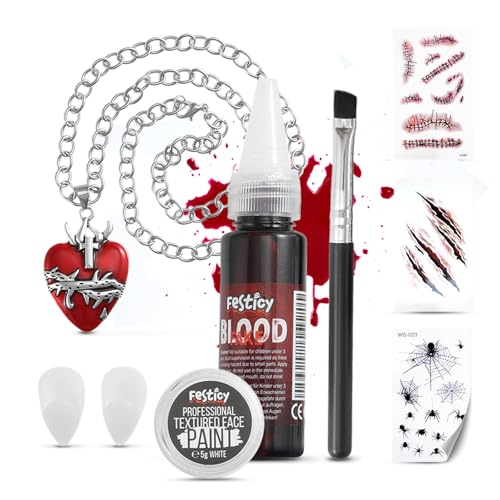 Festicy Vampir Zubehör 2024 Set I Kunstblut Halloween, Vampir Zähne, Tattoos, weiße Gesichtsfarbe mit Pinsel und Halskette I Vampir Accessoires Damen als Halloween Deko für Kinder und Erwachsene von Festicy