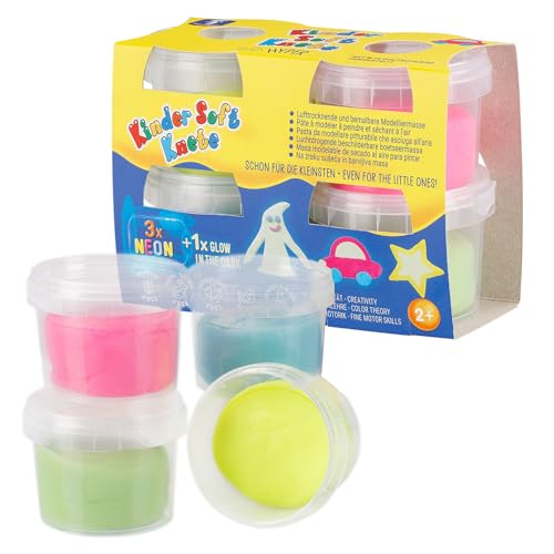 Feuchtmann Kinder Soft KNETE Mini Hyper - 4 x 80g weiche Kinderknete, ungiftig, vegan und glutenfrei, lufttrocknende Neon und Glow-in-The-Dark Knetmasse im Knetset (ab 2 Jahren) von Feuchtmann