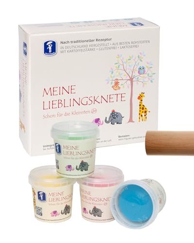 Feuchtmann MEINE LIEBLINGSKNETE + Teigrolle| Knetset 4 x 150g | vegane glutenfreie Knete | Kinderknete ungiftig | Spielknete für kreatives Spielen ab 2 Jahren von Feuchtmann