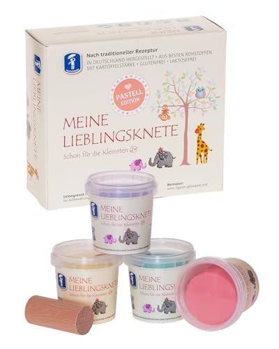 Feuchtmann MEINE LIEBLINGSKNETE Pastell Edition + Teigrolle | Knetset 4 x 150g | vegane glutenfreie Knete | Kinderknete ungiftig | Spielknete für kreatives Spielen ab 2 Jahren von Feuchtmann