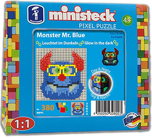 Ministeck 32802 - Mosaik-Bild Monster Mr. Blue, Steck-Bild leuchtet im Dunkeln, für Kinder ab 4 Jahren, inkl. Steckplatte mit ca. 380 Steck-Steinen und Zubehör, ideal für kreatives Spielen von Feuchtmann