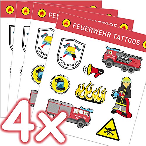 Mega-Tattoo-Set * Feuerwehr * als Mitgebsel, Geschenk oder zum Spielen | 4 Bögen mit 32 Tattoos | Sam Aufkleber Bilder Sticker Kinder Kindergeburtstag Geburtstag Feuerwehrmann Feuerwehrauto von Feuerwehr-Tattoos: