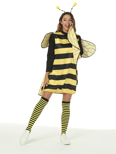 Fexofao Damen Hummel Kostüm, Erwachsene Gestreiftes Patchwork Kostüm mit Kniestrümpfe und Haarreifen Halloween Karneval Outfit (L) von Fexofao