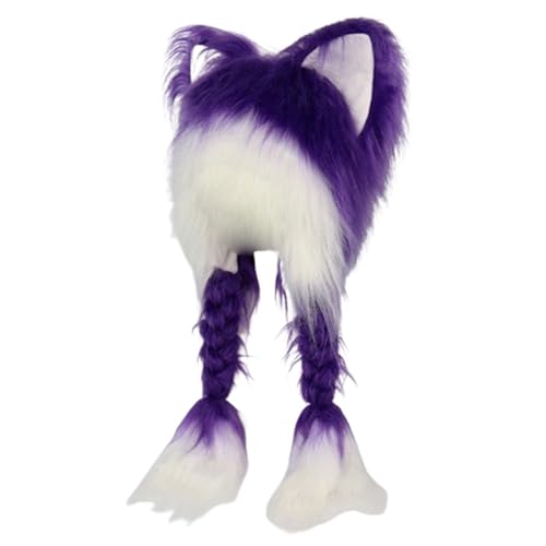 Fexofao Fursuit Katzenohr-Kopfbedeckung, pelzig, warm, niedlicher Hut, 70,1 x 35,1 cm, Cosplay-Kostüm, Party-Kopf-Zubehör für Damen, Lila, Einheitsgröße von Fexofao