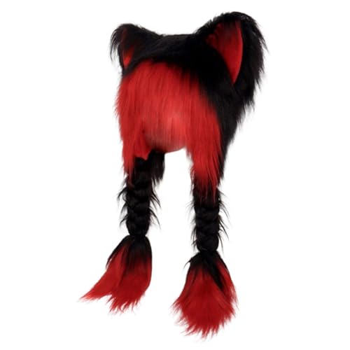 Fexofao Fursuit Katzenohr-Kopfbedeckung, pelzig, warm, niedlicher Hut, 70,1 x 35,1 cm, Cosplay-Kostüm, Party-Kopf-Zubehör für Damen, Rot, Einheitsgröße von Fexofao