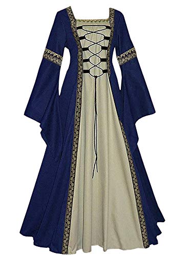 Feynman Damen Mittelalterliche Kleid mit Trompetenärmel, Mittelalter Viktorianischen Königin Kleider Renaissance Gotisch Maxikleid Karneval Halloween Party Prinzessin Kostüm Dunbkelblau L von Feynman