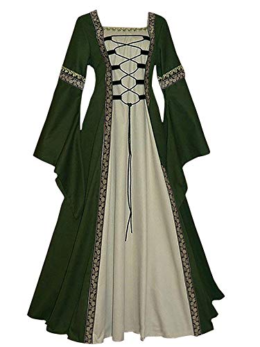 Feynman Damen Mittelalterliche Kleid mit Trompetenärmel, Mittelalter Viktorianischen Königin Kleider Renaissance Gotisch Maxikleid Karneval Halloween Party Prinzessin Kostüm Grün L von Feynman