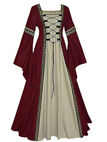 Feynman Damen Mittelalterliche Kleid mit Trompetenärmel, Mittelalter Viktorianischen Königin Kleider Renaissance Gotisch Maxikleid Karneval Halloween Party Prinzessin Kostüm Weinrot 3XL von Feynman