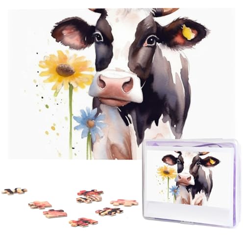 Aquarell-Puzzles mit Kuh und Gänseblümchen, 1000 Teile, mit Aufbewahrungstasche, personalisierte Puzzles für Männer und Frauen, Bilderpuzzle für Familie, anspruchsvolle Fotos, Puzzle für von Fhpce