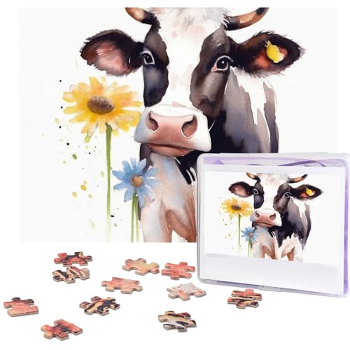 Aquarell-Puzzles mit Kuh und Gänseblümchen, 500 Teile, mit Aufbewahrungstasche, personalisierte Puzzles für Männer und Frauen, Bilderpuzzle für Familie, anspruchsvolle Fotos, Puzzle für Heimdekoration von Fhpce