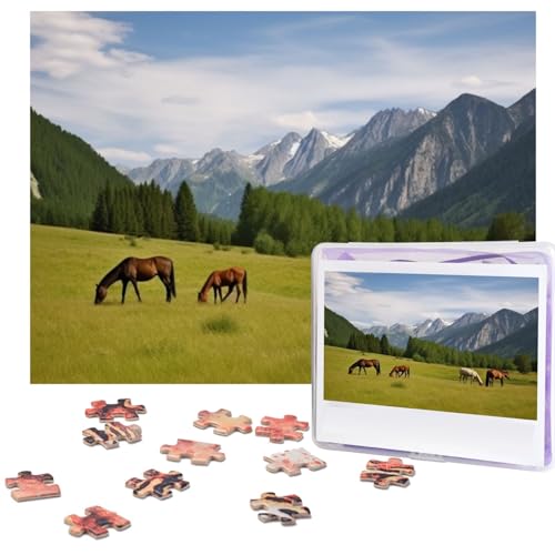 Bergweide Pferde Puzzles 500 Teile mit Aufbewahrungstasche, personalisierte Puzzles für Männer und Frauen, Bilderpuzzle für Familie, anspruchsvolle Fotos, Puzzle für Heimdekoration (51,8 x 38,1 cm) von Fhpce