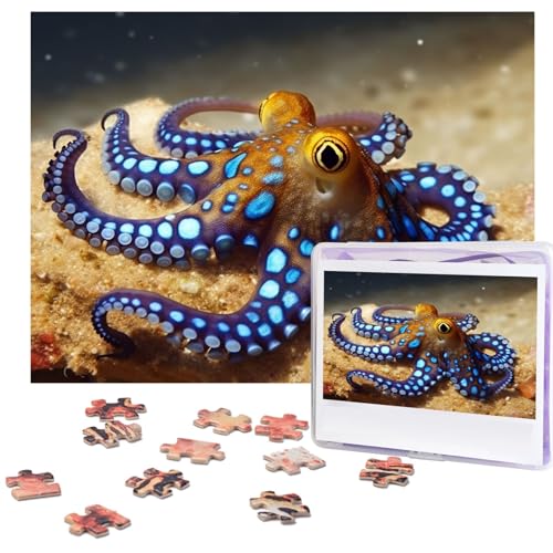 Blauer Ring Octopus Puzzles 500 Teile mit Aufbewahrungstasche, personalisierte Puzzles für Männer und Frauen, Bilderpuzzle für Familie, anspruchsvolle Fotos, Puzzle für Heimdekoration (51,8 x 38,1 cm) von Fhpce