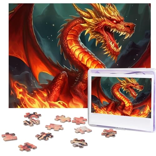 Dragon King in Fire Puzzles 500 Teile mit Aufbewahrungstasche, personalisierte Puzzles für Männer und Frauen, Bilderpuzzle für Familie, anspruchsvolle Fotos, Puzzle für Heimdekoration (51,8 x 38,1 cm) von Fhpce