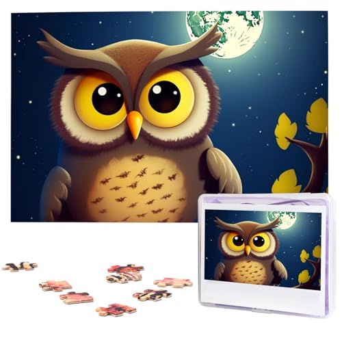 Eule und gelber Mond Puzzles 1000 Teile mit Aufbewahrungstasche, personalisierte Puzzles für Männer und Frauen, Bilderpuzzle für Familie, anspruchsvolle Fotos, Puzzle für Heimdekoration (74,9 x 50 cm) von Fhpce