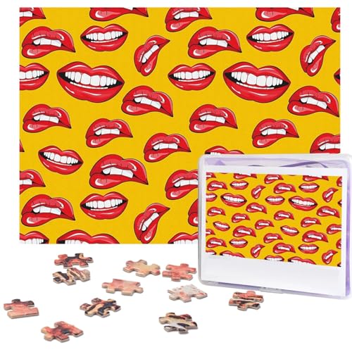 Frauen lächeln und beißen ihre roten Lippen, Puzzles 500 Teile, mit Aufbewahrungstasche, personalisierte Puzzles für Männer und Frauen, Bilderpuzzle für Familie, herausfordernde Fotos, Puzzle für von Fhpce