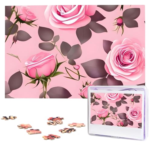 Hübsche rosa Rosen Puzzles 1000 Teile mit Aufbewahrungstasche, personalisierte Puzzles für Männer und Frauen, Bilderpuzzle für Familie, anspruchsvolle Fotos, Puzzle für Heimdekoration (74,9 x 50 cm) von Fhpce